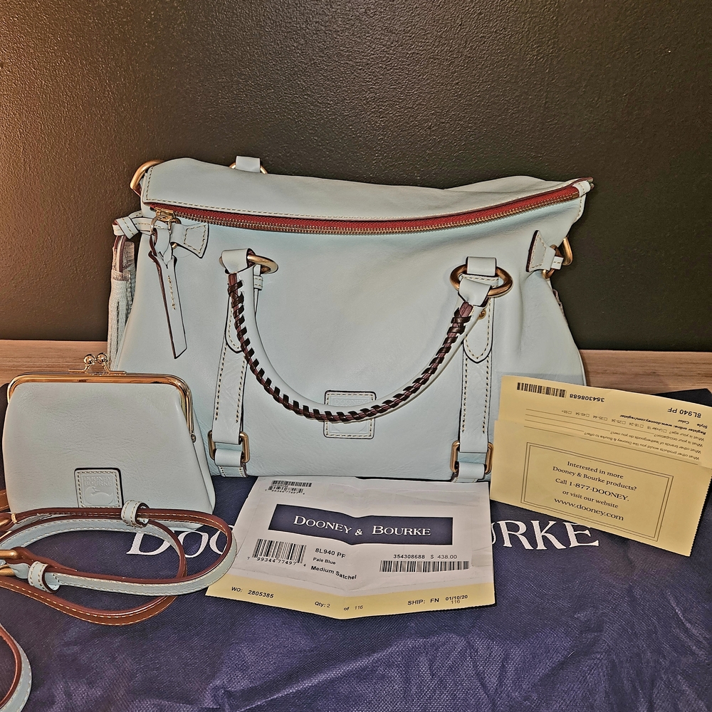 RARE Retired Pale Blue NWT Dooney & Bourke Large Florentine Satchel SET + Wallet